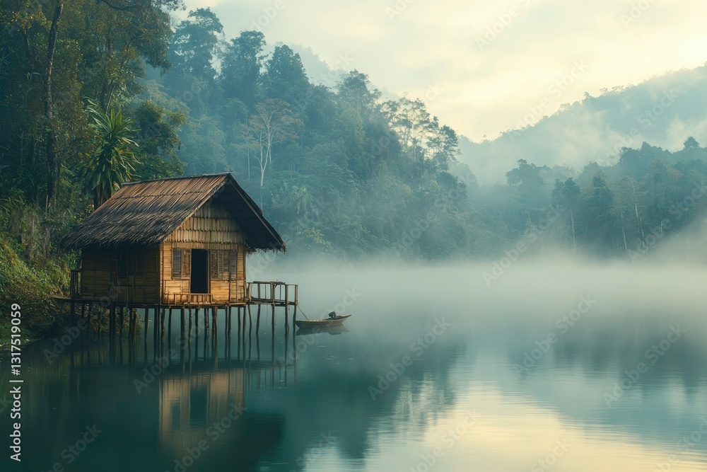 Fototapeta premium Serene Lakeside Cabin Nestled Amongst Misty Mountains