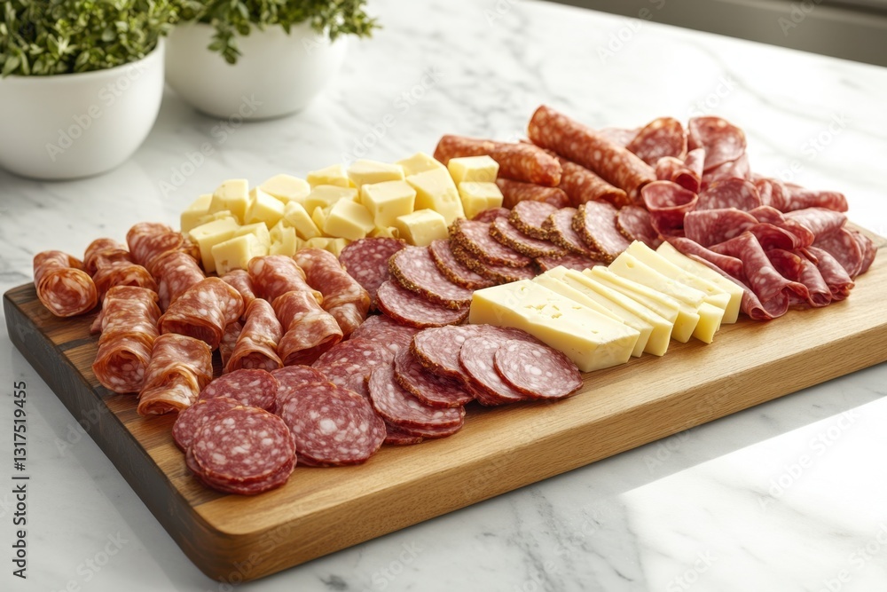 Delicious spread of charcuterie and cheese on a wooden platter . Delicious spread of charcuterie and cheese on a wooden platter .