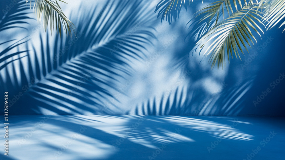 Fototapeta premium Tropical abstract design showcasing shadows of palm leaves Summer concept. Palm tree shadow on a blue background.