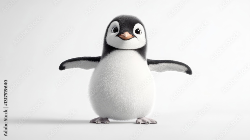Obraz premium Adorable Cartoon Penguin with Outstretched Wings on White Background