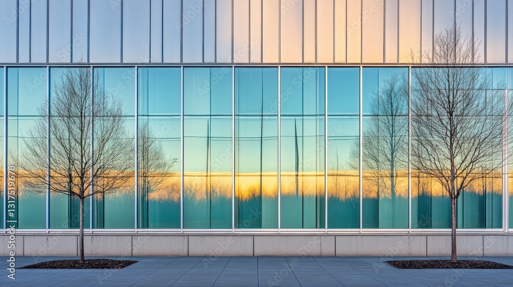 Fototapeta premium Sunset Reflection on Modern Building Facade
