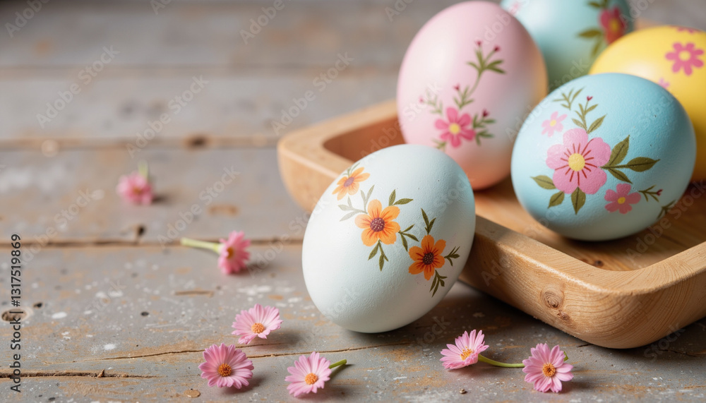 Obraz premium Spring Easter still life with hand-painted decorative eggs on rustic wooden table