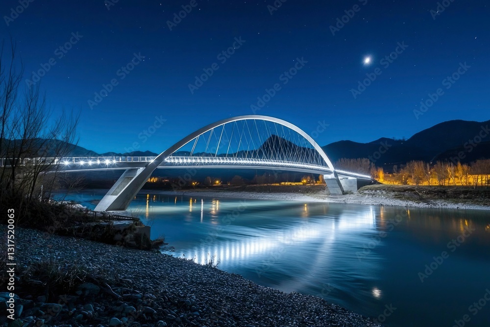 Obraz premium Illuminated Bridge Spanning River Under Night Sky