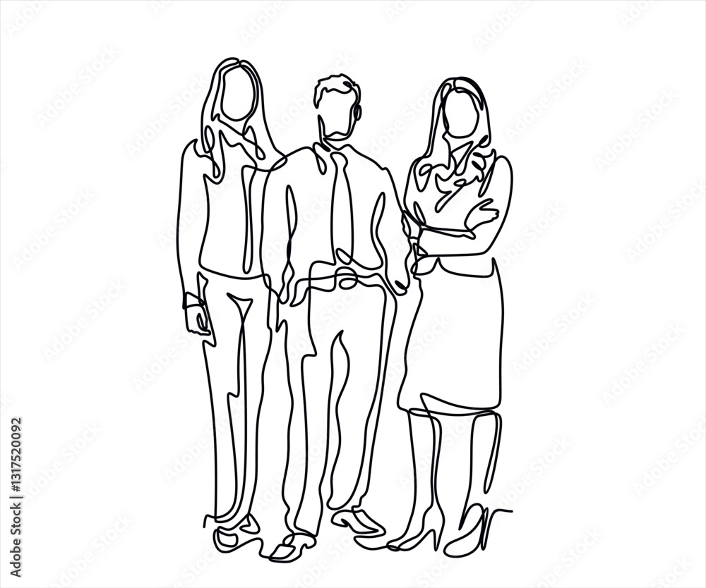 continuous line drawing of businessman and businesswoman standing. vector illustration isolated on white background. Vector template brochures, flyers, logo, print, banners. Vector continuous line drawing of businessman and businesswoman standing. vector illustration isolated on white background. Vector template brochures, flyers, logo, print, banners. Vector