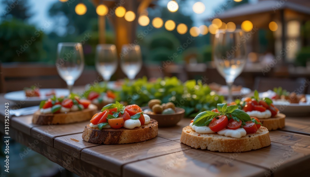 Fresh Tomato Bruschetta with Mozzarella and Basil on Wooden Table Fresh Tomato Bruschetta with Mozzarella and Basil on Wooden Table