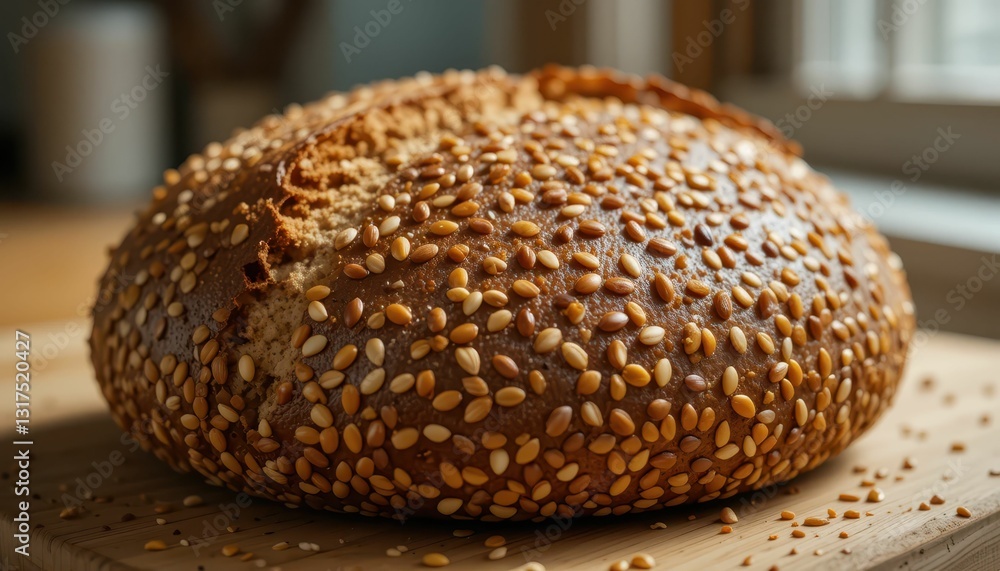 Freshly Baked Round Bread with Golden Sesame Seeds on Wooden Board Freshly Baked Round Bread with Golden Sesame Seeds on Wooden Board