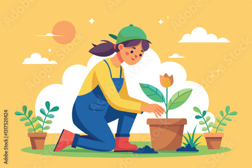 A person kneels down to plant a flower in a pot surrounded by greenery under a sunny sky, Seeding Customizable Flat Illustration