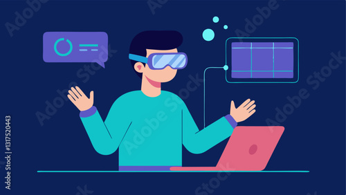 Interactive Prototyping A designer wearing VR goggles interacts with a 3D holographic mockup of a virtual environment using hand gestures to manipulate objects in the space. A