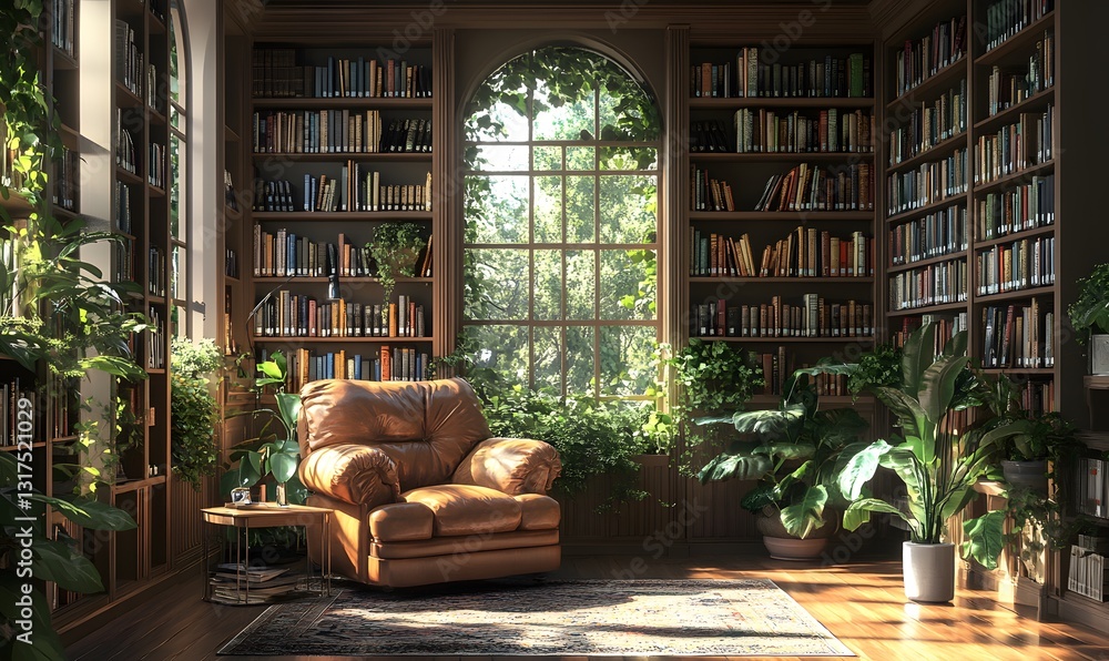 Sunlit Library Nook with Comfortable Chair and Lush Greenery Interior Sunlit Library Nook with Comfortable Chair and Lush Greenery Interior