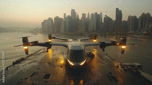 Urban Air Mobility, Electric Aircraft Preparing for Takeoff in Metropolis