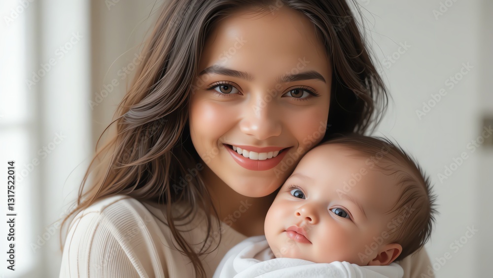 A joyful woman smiles while holding her adorable baby, showcasing a beautiful bond between mother and child. A joyful woman smiles while holding her adorable baby, showcasing a beautiful bond between mother and child.
