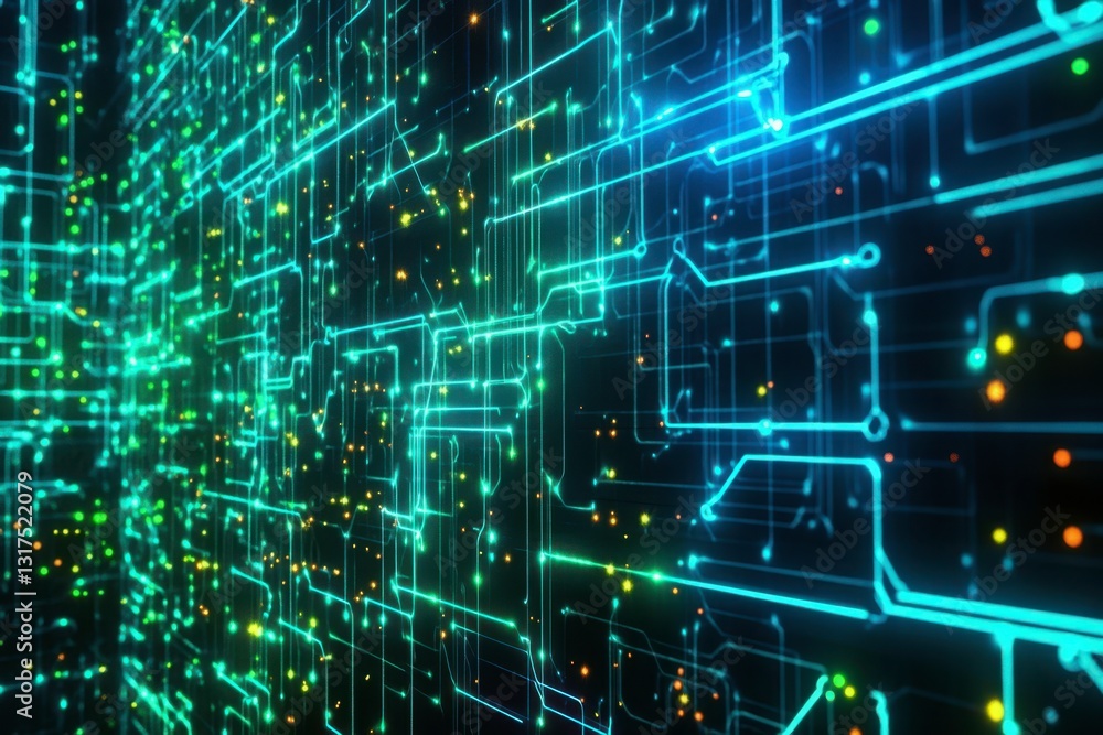 Fototapeta premium Digital technology network connection. Computer microchip, big data transmission, processing information. Abstract tech circuit board electronic signal for technology background