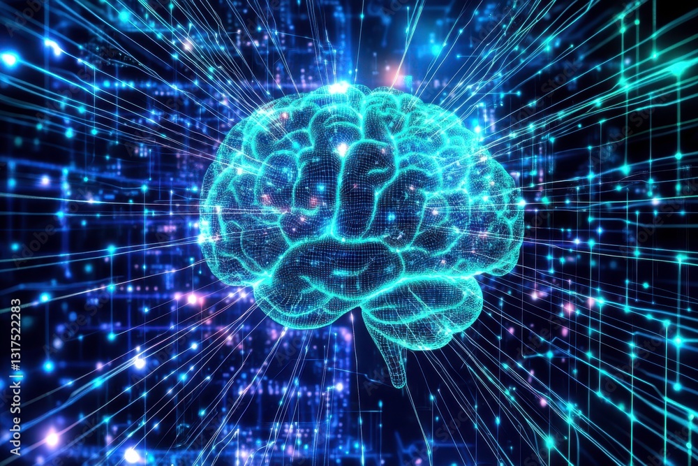 Fototapeta premium Artificial intelligence brain rendering with radiating light beams, complex neural network, digital transformation future technology for educational purposes