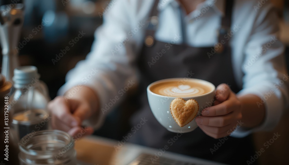Barista Holding Heart-Shaped Cookie with Coffee in Cozy Cafe Setting Barista Holding Heart-Shaped Cookie with Coffee in Cozy Cafe Setting