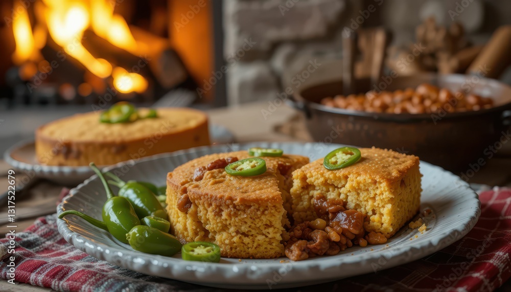 Cozy Scene with Cornbread, Jalapenos, and Rustic Fireplace Warmth Cozy Scene with Cornbread, Jalapenos, and Rustic Fireplace Warmth