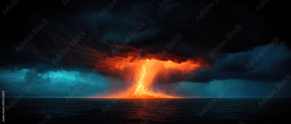 Fototapeta premium Dramatic Lightning Storm Over Ocean: Surreal Thunderstorm Photography with Fiery Glow