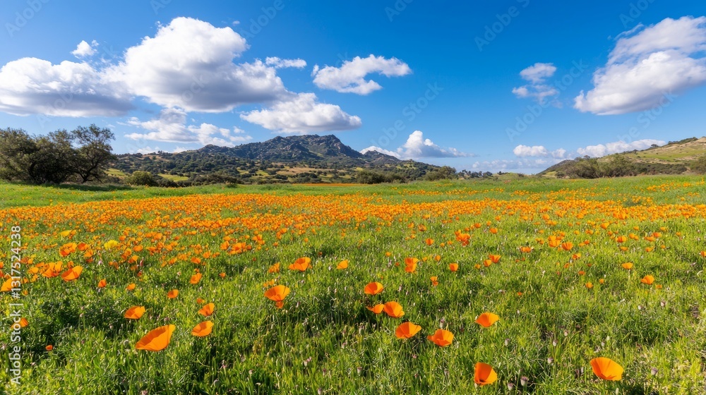 Vibrant Field of Bright Orange Poppies Under Blue Sky and Clouds Vibrant Field of Bright Orange Poppies Under Blue Sky and Clouds