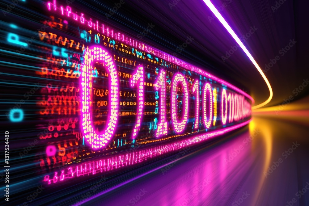 Digital Binary Code in Motion with Futuristic Neon Lighting Concept Digital Binary Code in Motion with Futuristic Neon Lighting Concept