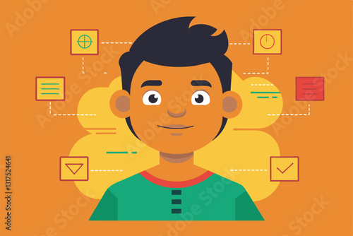 A young boy with a cheerful expression stands against an orange background filled with various colorful icons, Select Customizable Disproportionate Illustration