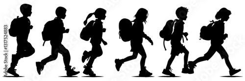Kids running silhouette, vector school children with bags, running to school vector, children silhouette, kids with backpacks, school run, kids motion, school time