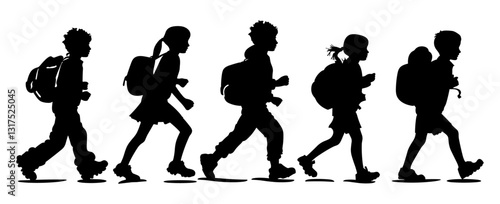 Kids running silhouette vector, children with school bags, school time silhouette, kids heading to school, school run illustration, children in motion, vector kids with bags