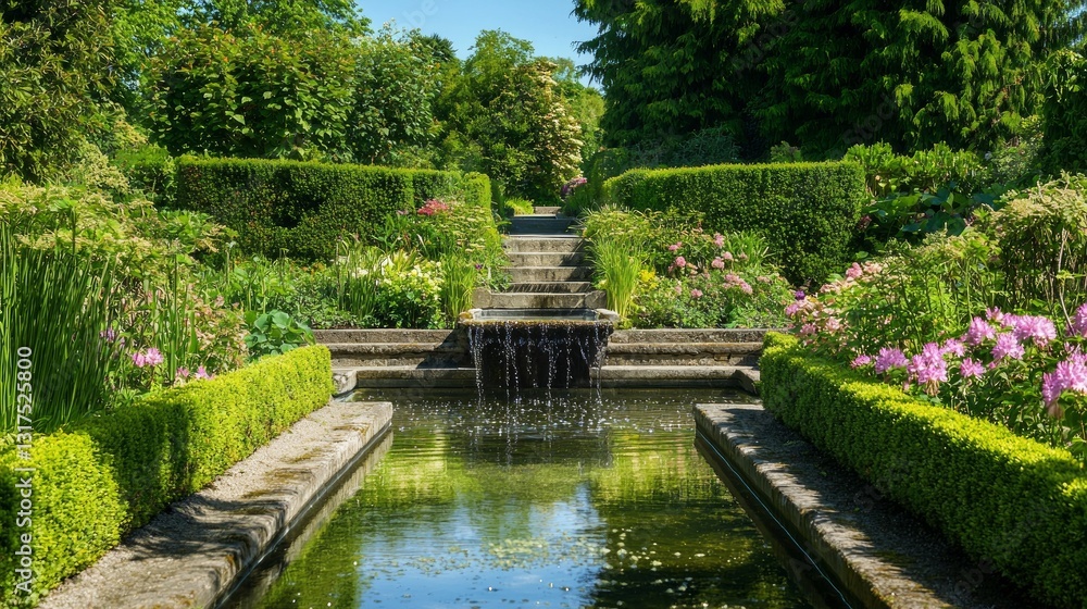 Elegant Water Feature in a Lush Botanical Garden Landscape Elegant Water Feature in a Lush Botanical Garden Landscape