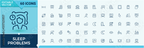 Sleep Problems line icons. Contains related to care, disorder, night, bedding, insomnia, dream and more. Thin UI icon design. Sleep icon collection. Editable vector stroke.