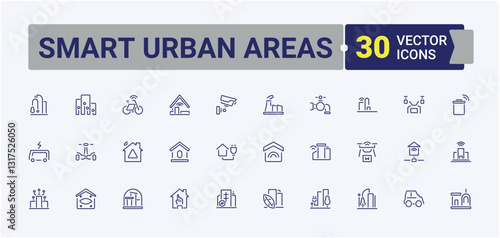 Smart Urban Areas line icons. Related to urban, home, transport, information, future, network, technology, building. Smart Cities linear icon. Thin icon design. Editable vector icon.