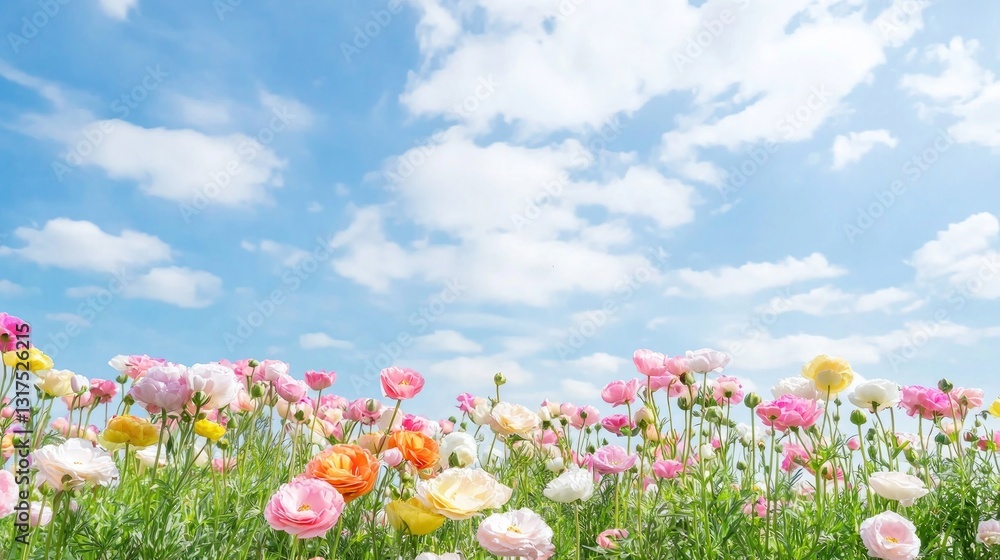 Massive Field of Multicolored Ranunculus Flowers Under Bright Sky Massive Field of Multicolored Ranunculus Flowers Under Bright Sky