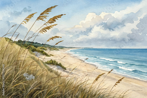 Watercolor drawing peaceful existence of sand dunes and lush beach grass by ocean. showcasing vibrant coastal plants, golden beaches - Scenic Landscape
