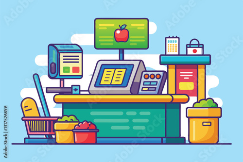 The self-checkout monitor displays options while a cart awaits at a colorful grocery checkout area, Self checkout Customizable Cartoon Illustration