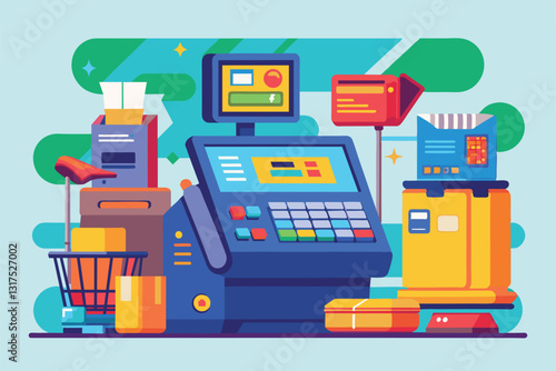 A self checkout kiosk featuring customizable options, shopping carts, and empty product displays, Self checkout Customizable Flat Illustration