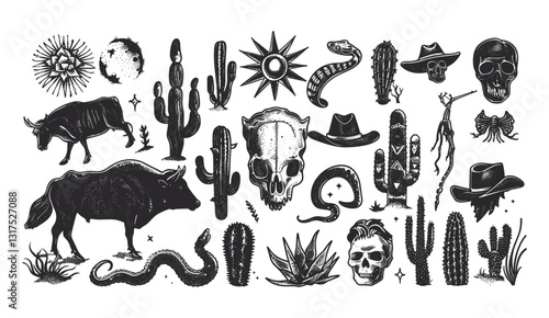 Vector western boho set, mystic linocut, engraving Texas desert, cactus, wildlife, skull silhouette, rodeo graphics, bull, horse, snake, Arizona grunge texture, western print