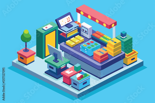 This vibrant self-checkout station features multiple customization options and an engaging layout, Self checkout Customizable Isometric Illustration