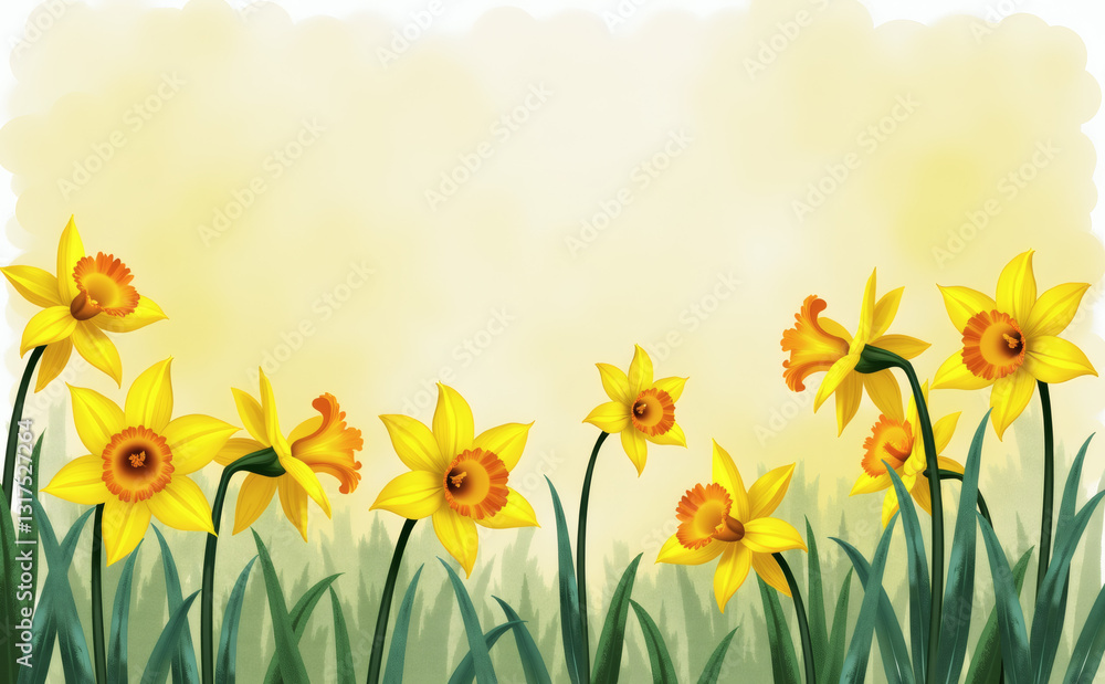 Fototapeta premium Watercolor daffodil flowers, joyful spring mood, soft yellow background, copy space