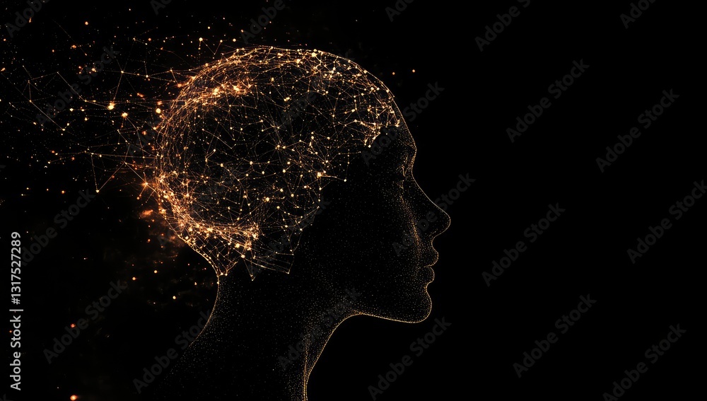 Obraz premium Digital Brain Profile, Abstract Neural Network, Dark Background