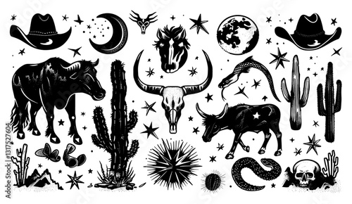 Vector Linocut western boho set, engraving Texas desert print, canyon wildlife, cactus, grunge Arizona texture, rodeo graphics, bull, horse, snake, skull silhouette, mystic western art