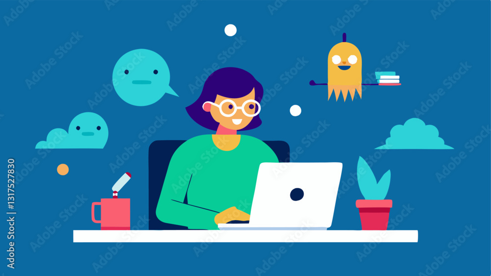 Storytelling with AI A writer at a desk typing on a laptop with a digital companion hovering next to them showing animated characters that come to life based on the writers ideas. Storytelling with AI A writer at a desk typing on a laptop with a digital companion hovering next to them showing animated characters that come to life based on the writers ideas.