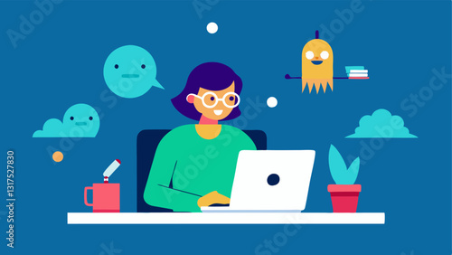 Storytelling with AI A writer at a desk typing on a laptop with a digital companion hovering next to them showing animated characters that come to life based on the writers ideas.