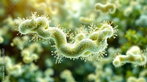 Microscopic Bacteria: Captivating, highly detailed microscopic imagery reveals swirling green bacteria with intricate structures.