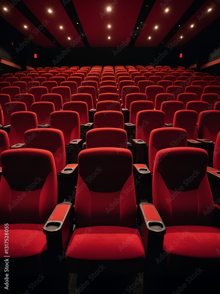 Fototapeta premium Rows of empty red theater seats in a dimly lit movie theater