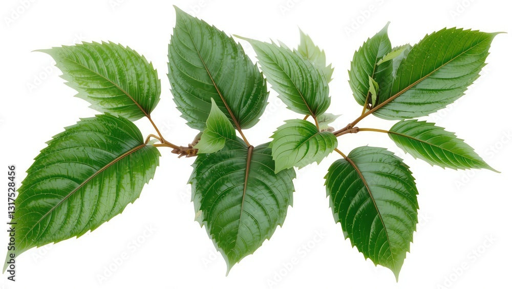 A vibrant arrangement of fresh green leaves showcasing their intricate details and natural beauty against a clean white background. A vibrant arrangement of fresh green leaves showcasing their intricate details and natural beauty against a clean white background.
