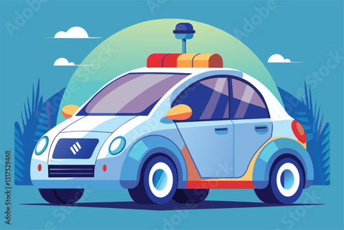 A striking self-driving car is showcased with unique proportions and a colorful design parked outdoors, Self driving car Customizable Disproportionate Illustration