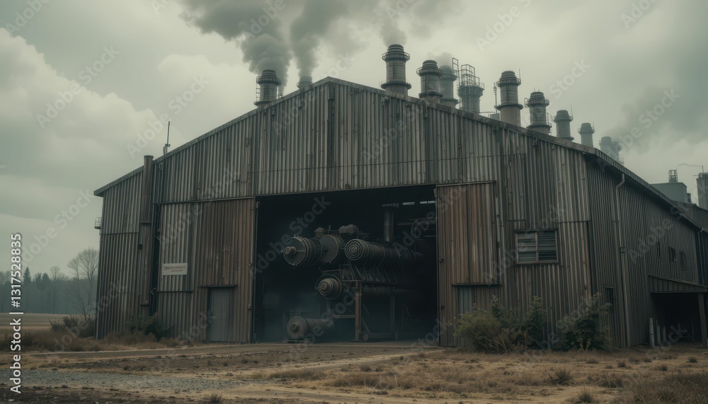 Industrial Building with Smoke Stacks Under Cloudy Sky Industrial Building with Smoke Stacks Under Cloudy Sky