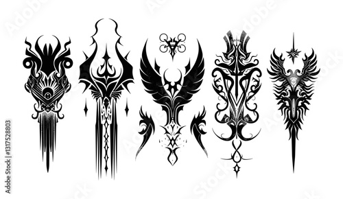 Neo tribal gothic tattoo, retro futuristic cyber symmetry shapes, vector dark y2k wings, skull, bones, alien surreal illustration, stars, metal music cover print, grunge clipart