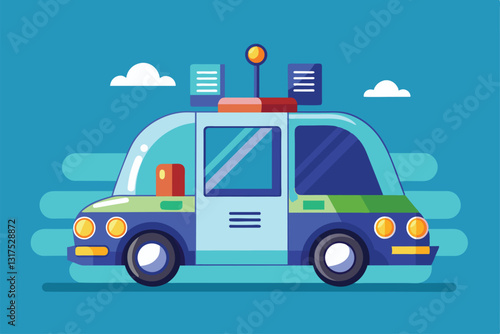 A colorful illustration of a customizable self-driving car showcasing modern design and technology features, Self driving car Customizable Semi Flat Illustration