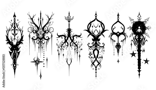 Vector Neo tribal symbol, dark y2k wings, retro futuristic cyber symmetry, alien surreal illustration, metal music cover print, skull, stars, bones, grunge clipart