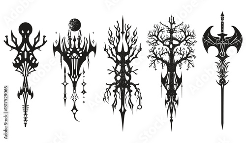 Neo tribal gothic tattoo set, retro futuristic cyber symmetry shapes, vector dark y2k wings, skull, bones, alien surreal illustration, stars, grunge clipart, metal music cover