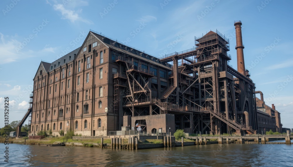 Historic Industrial Building with Waterway and Sky Background Historic Industrial Building with Waterway and Sky Background