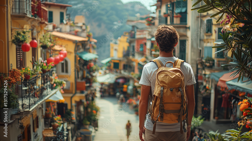 Backpacker Exploring a Picturesque European Town Backpacker Exploring a Picturesque European Town